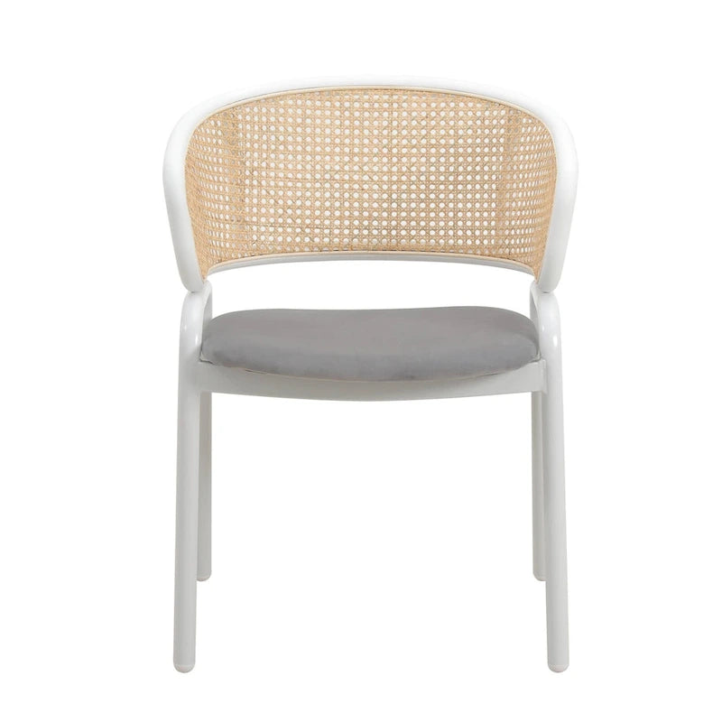 Beige Esszimmerstühle mit geschwungener Rohrgeflecht-Rückenlehne, 2er-Set, weißes Metallgestell, gepolsterte Sitzfläche