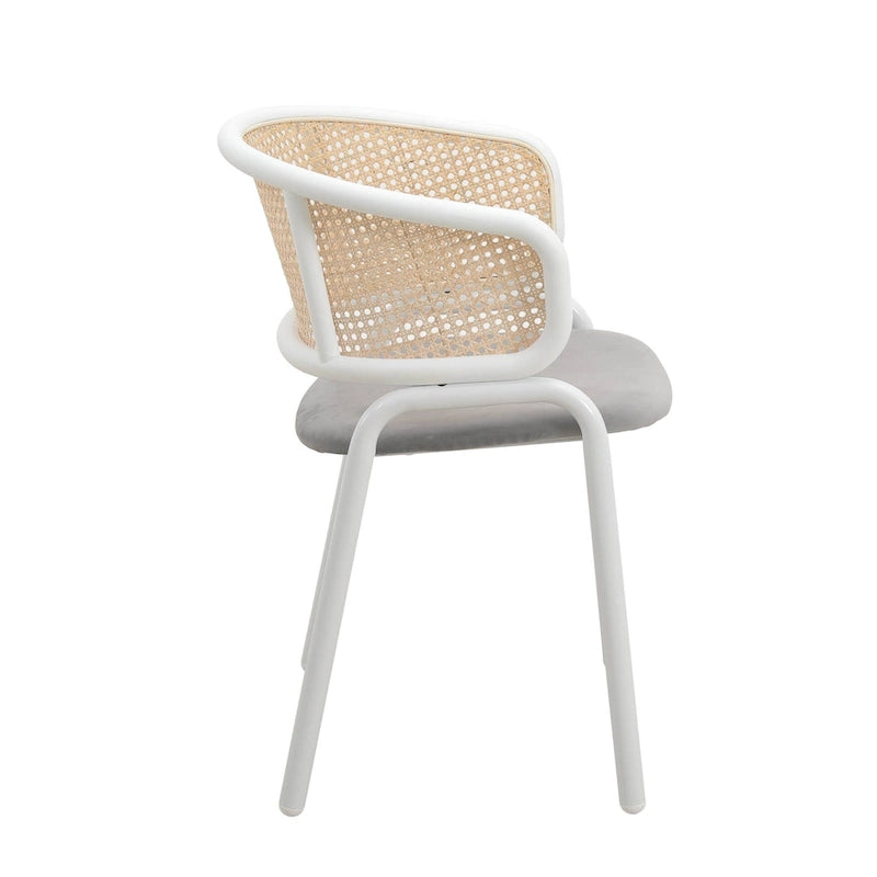 Beige Esszimmerstühle mit geschwungener Rohrgeflecht-Rückenlehne, 2er-Set, weißes Metallgestell, gepolsterte Sitzfläche