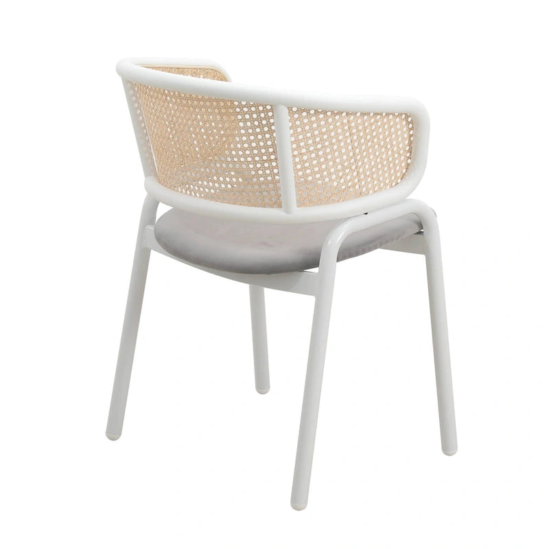 Beige Esszimmerstühle mit geschwungener Rohrgeflecht-Rückenlehne, 2er-Set, weißes Metallgestell, gepolsterte Sitzfläche