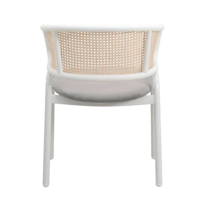 Beige Esszimmerstühle mit geschwungener Rohrgeflecht-Rückenlehne, 2er-Set, weißes Metallgestell, gepolsterte Sitzfläche