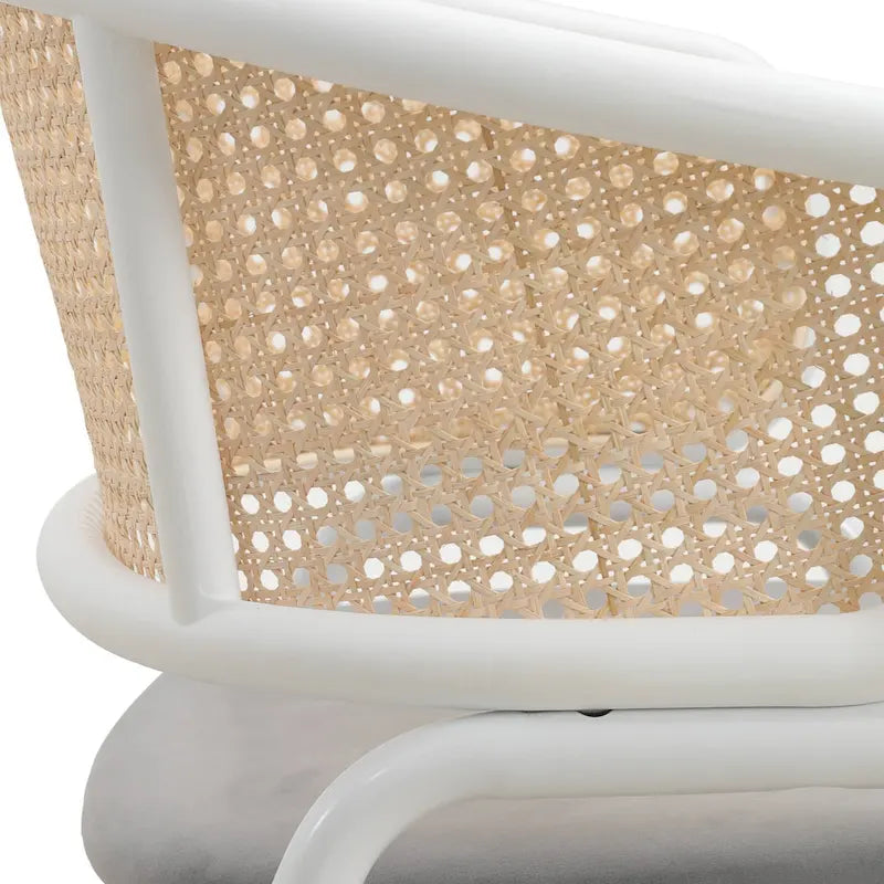Beige Esszimmerstühle mit geschwungener Rohrgeflecht-Rückenlehne, 2er-Set, weißes Metallgestell, gepolsterte Sitzfläche