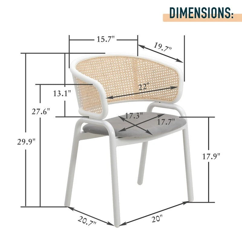 Beige Esszimmerstühle mit geschwungener Rohrgeflecht-Rückenlehne, 2er-Set, weißes Metallgestell, gepolsterte Sitzfläche