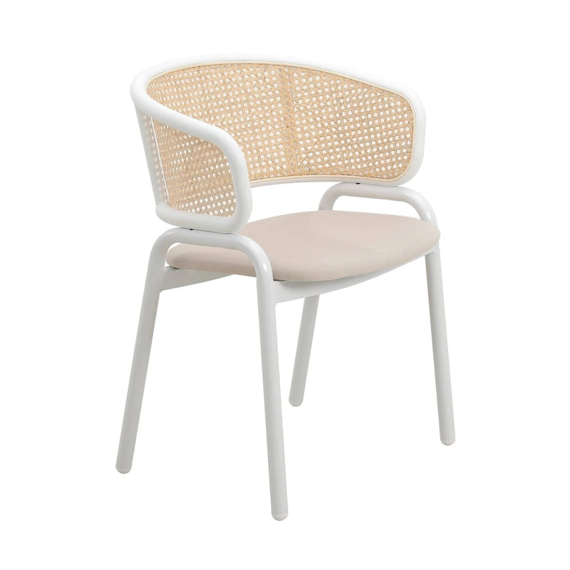 Beige Esszimmerstühle mit geschwungener Rohrgeflecht-Rückenlehne, 2er-Set, weißes Metallgestell, gepolsterte Sitzfläche