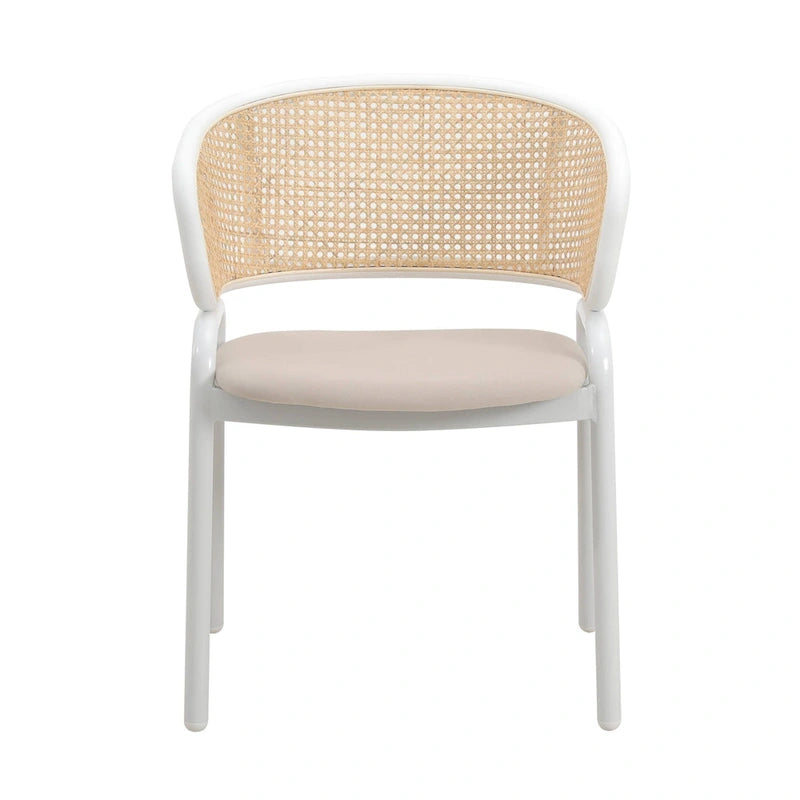 Beige Esszimmerstühle mit geschwungener Rohrgeflecht-Rückenlehne, 2er-Set, weißes Metallgestell, gepolsterte Sitzfläche