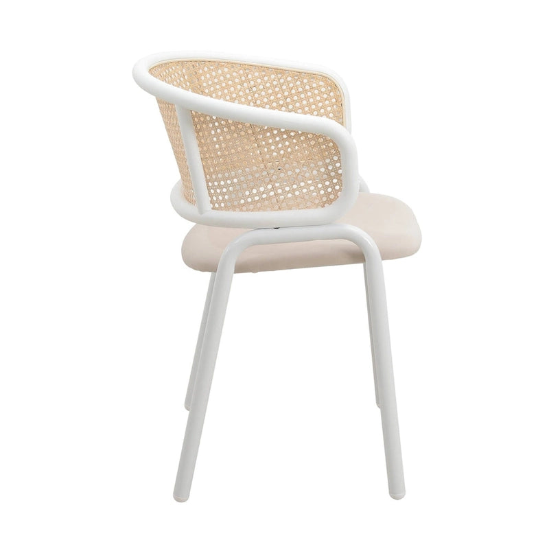 Beige Esszimmerstühle mit geschwungener Rohrgeflecht-Rückenlehne, 2er-Set, weißes Metallgestell, gepolsterte Sitzfläche