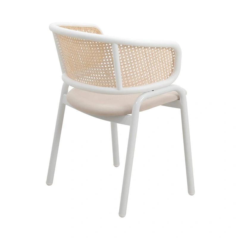 Beige Esszimmerstühle mit geschwungener Rohrgeflecht-Rückenlehne, 2er-Set, weißes Metallgestell, gepolsterte Sitzfläche