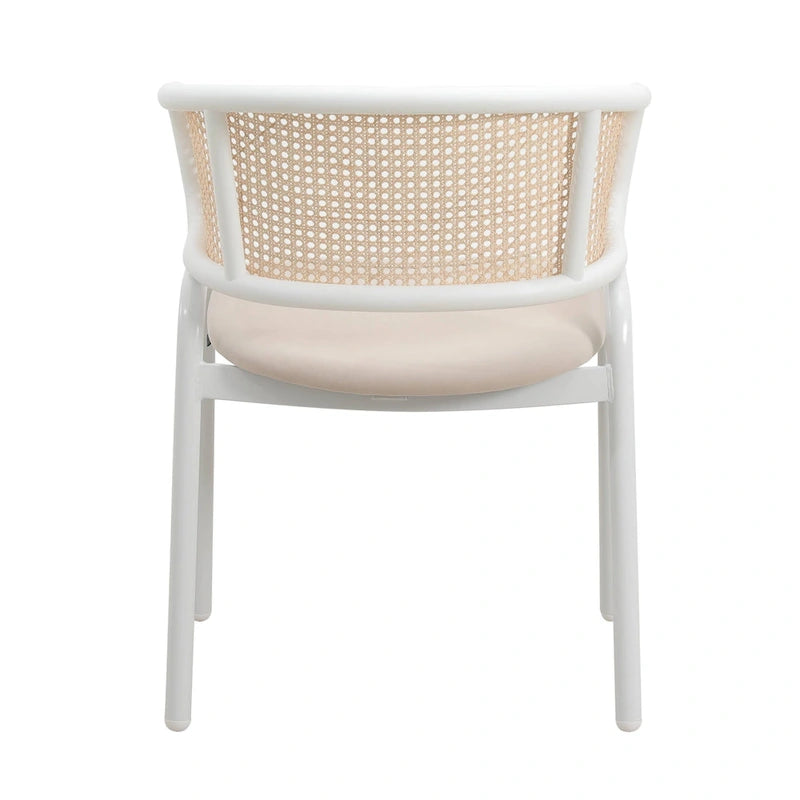 Beige Esszimmerstühle mit geschwungener Rohrgeflecht-Rückenlehne, 2er-Set, weißes Metallgestell, gepolsterte Sitzfläche