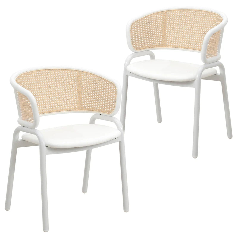 Beige Esszimmerstühle mit geschwungener Rohrgeflecht-Rückenlehne, 2er-Set, weißes Metallgestell, gepolsterte Sitzfläche