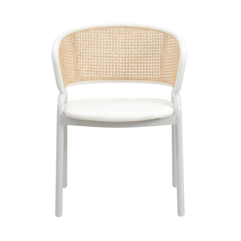 Beige Esszimmerstühle mit geschwungener Rohrgeflecht-Rückenlehne, 2er-Set, weißes Metallgestell, gepolsterte Sitzfläche