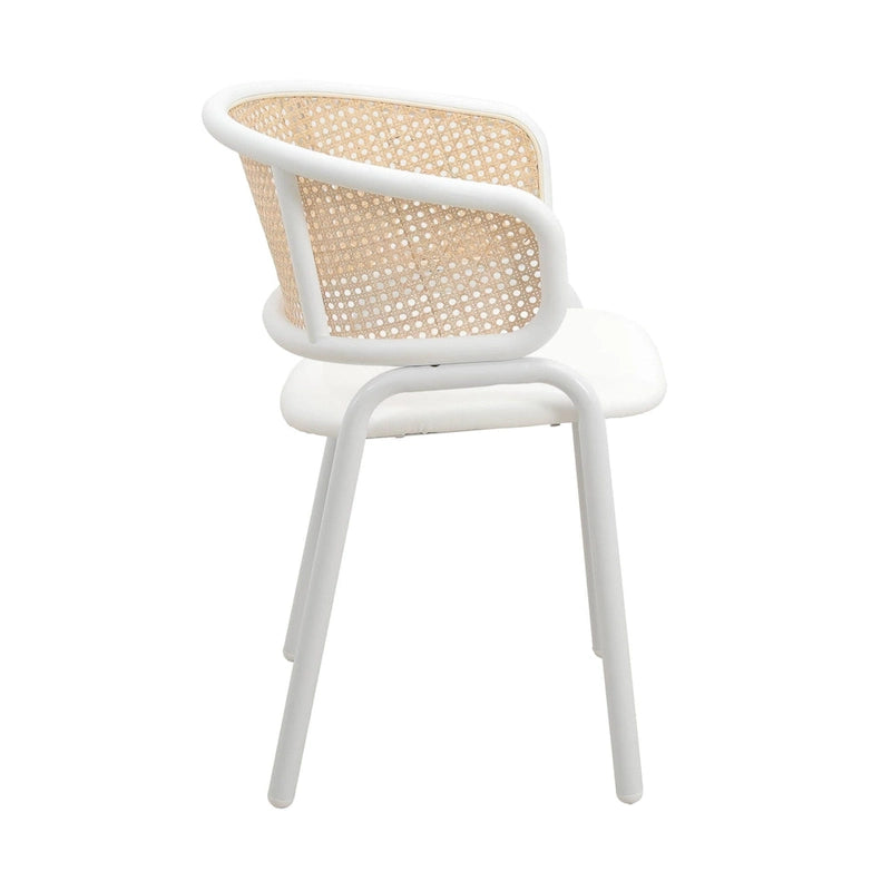 Beige Esszimmerstühle mit geschwungener Rohrgeflecht-Rückenlehne, 2er-Set, weißes Metallgestell, gepolsterte Sitzfläche