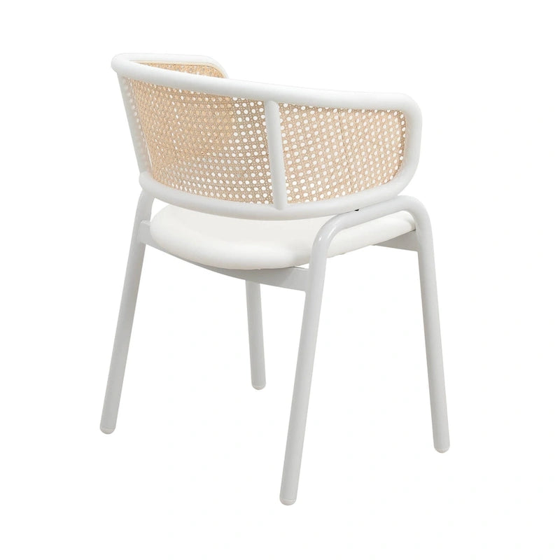 Beige Esszimmerstühle mit geschwungener Rohrgeflecht-Rückenlehne, 2er-Set, weißes Metallgestell, gepolsterte Sitzfläche