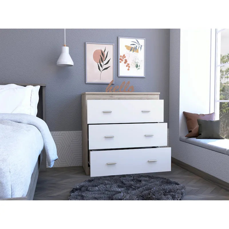 White 3-Drawer Dresser Pressed Wood Wide Drawers Spacious Top Surface