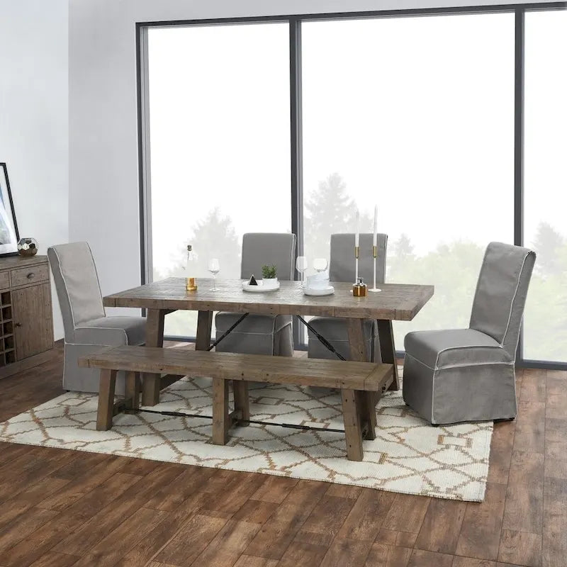 Weathered Brown Reclaimed Pine Extendable Dining Table Metal Turnbuckle Trestle Base Seats 8