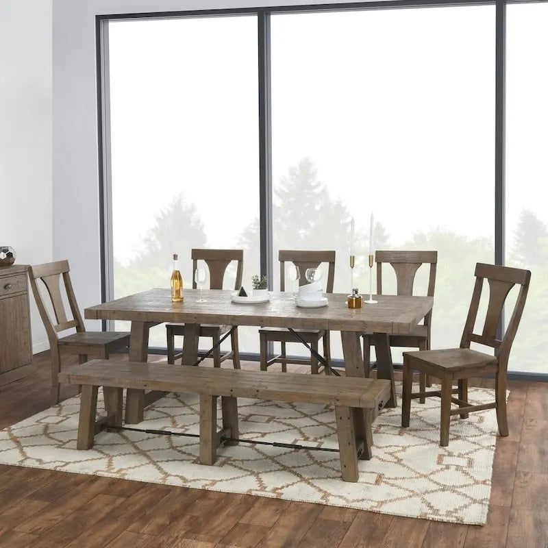 Weathered Brown Reclaimed Pine Extendable Dining Table Metal Turnbuckle Trestle Base Seats 8