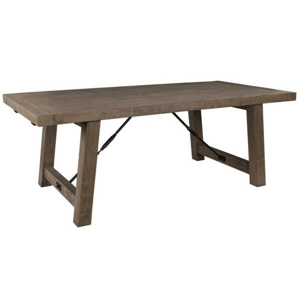 Weathered Brown Reclaimed Pine Extendable Dining Table Metal Turnbuckle Trestle Base Seats 8