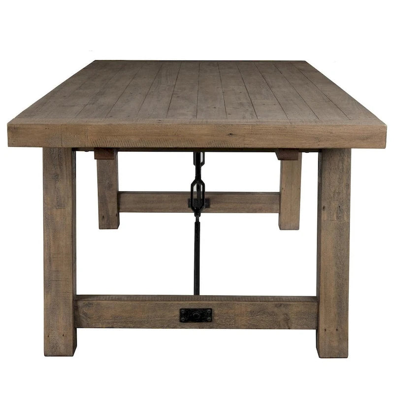 Weathered Brown Reclaimed Pine Extendable Dining Table Metal Turnbuckle Trestle Base Seats 8