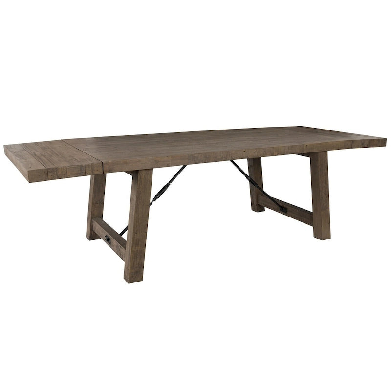 Weathered Brown Reclaimed Pine Extendable Dining Table Metal Turnbuckle Trestle Base Seats 8