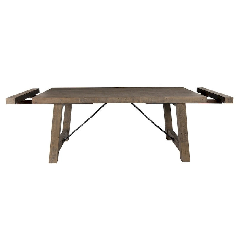 Weathered Brown Reclaimed Pine Extendable Dining Table Metal Turnbuckle Trestle Base Seats 8