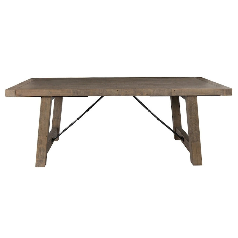 Weathered Brown Reclaimed Pine Extendable Dining Table Metal Turnbuckle Trestle Base Seats 8