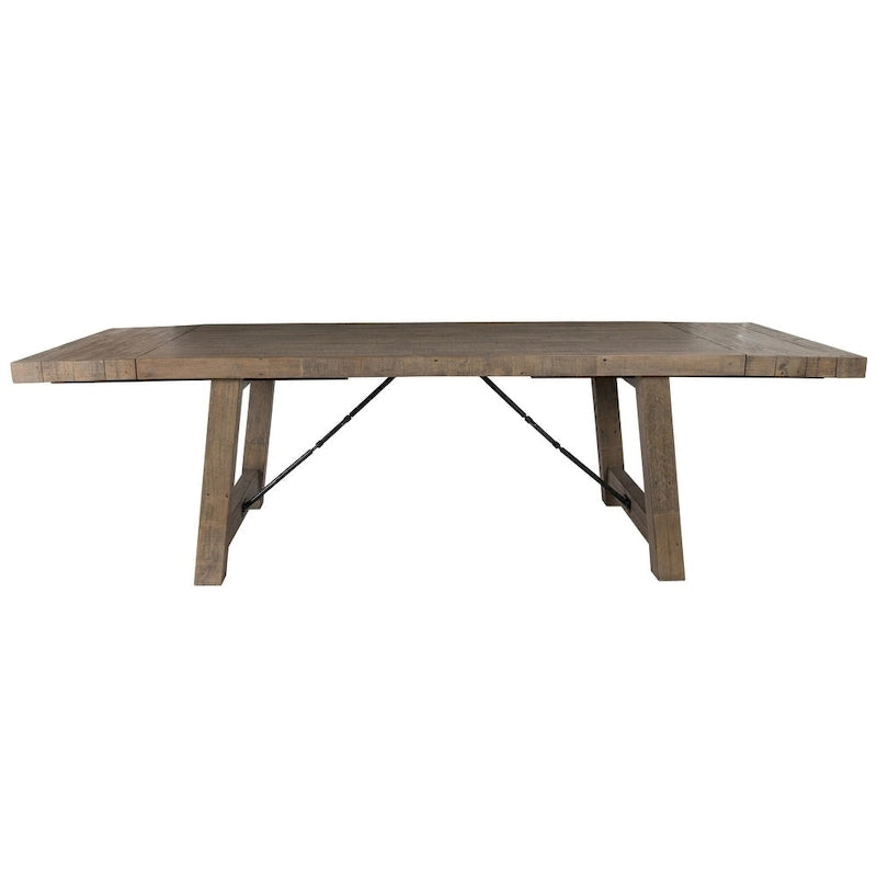 Weathered Brown Reclaimed Pine Extendable Dining Table Metal Turnbuckle Trestle Base Seats 8