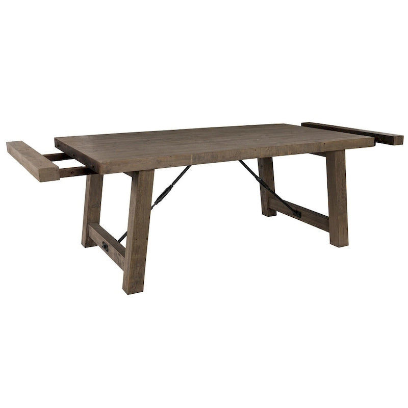 Weathered Brown Reclaimed Pine Extendable Dining Table Metal Turnbuckle Trestle Base Seats 8