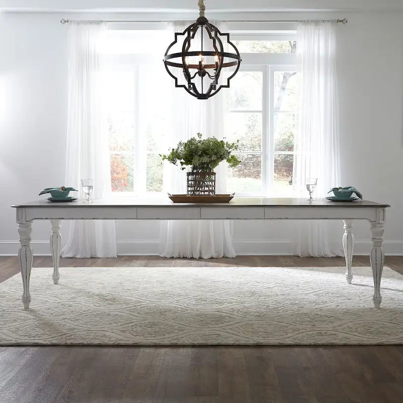 Antique White Extendable Dining Table Weathered Bark Top Carved Cabriole Legs Two 18in Leaves