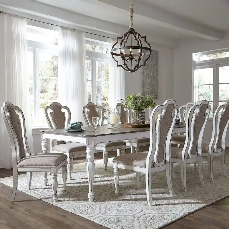 Antique White Extendable Dining Table Weathered Bark Top Carved Cabriole Legs Two 18in Leaves