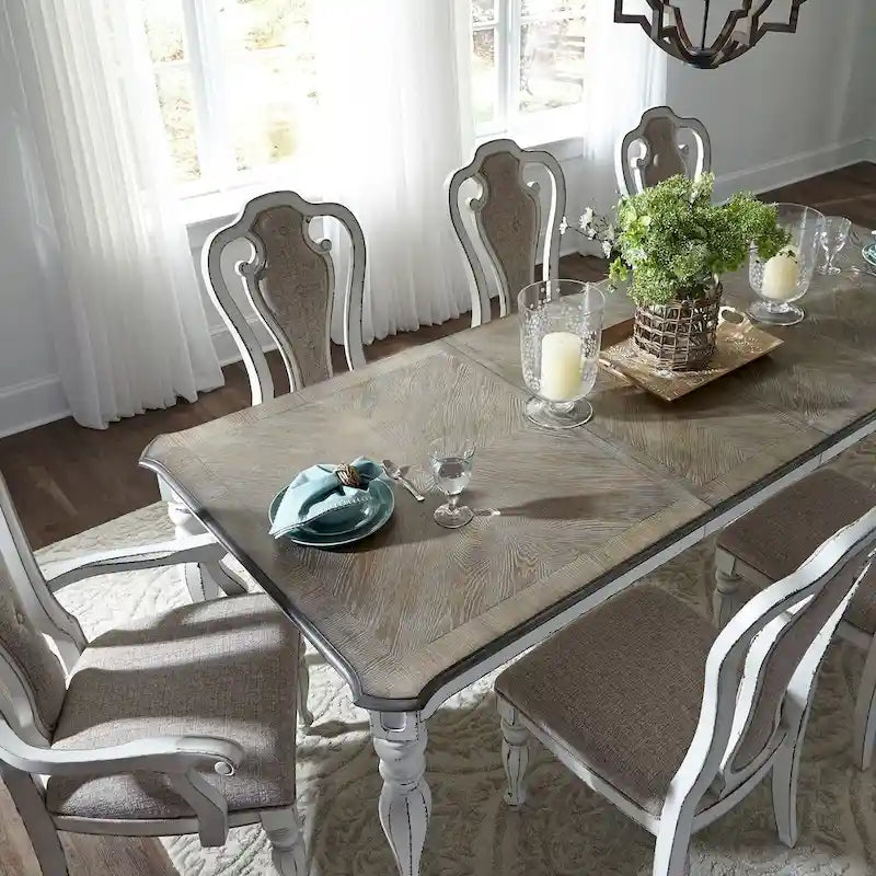 Antique White Extendable Dining Table Weathered Bark Top Carved Cabriole Legs Two 18in Leaves
