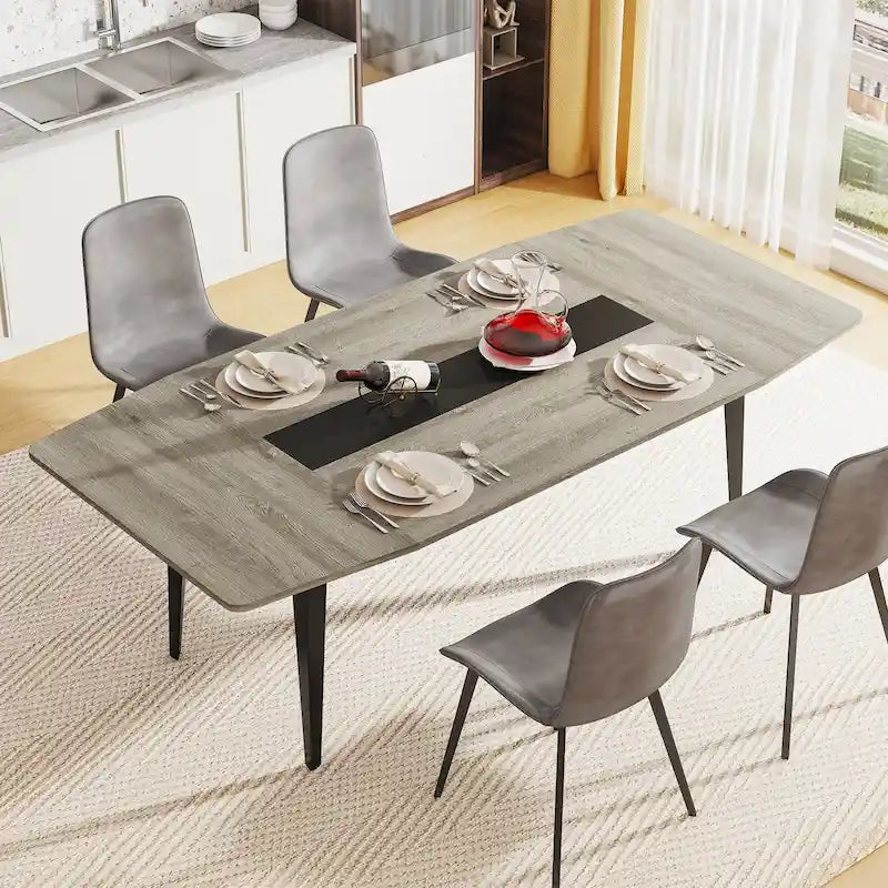 Grey Wood Grain Industrial Dining Table Tapered Metal Legs Seats 6-8
