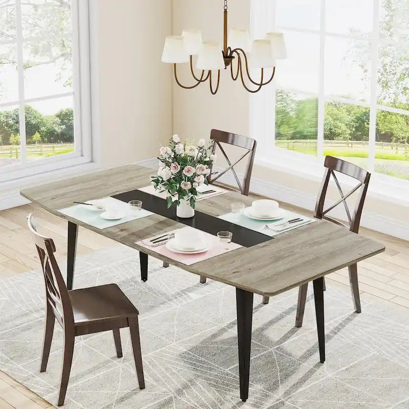 Grey Wood Grain Industrial Dining Table Tapered Metal Legs Seats 6-8