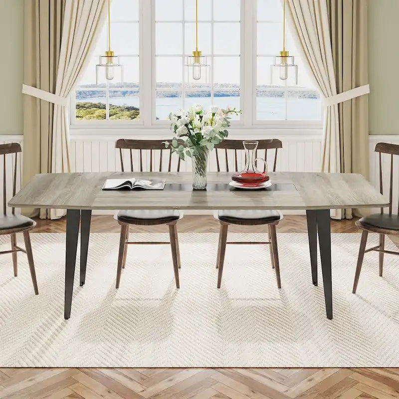 Grey Wood Grain Industrial Dining Table Tapered Metal Legs Seats 6-8