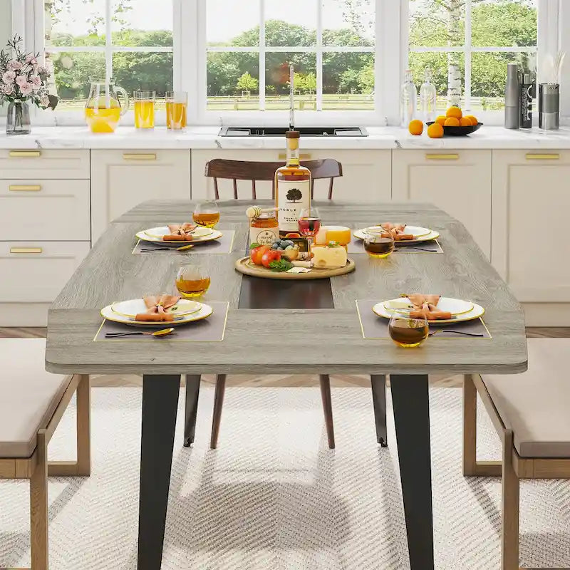 Grey Wood Grain Industrial Dining Table Tapered Metal Legs Seats 6-8