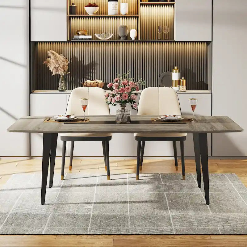 Grey Wood Grain Industrial Dining Table Tapered Metal Legs Seats 6-8