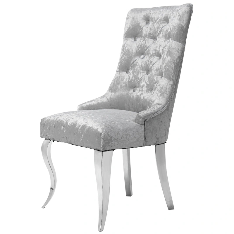 Silver Ice Velvet High Wingback Dining Chair Button Tufted Lion Ring Chrome Legs