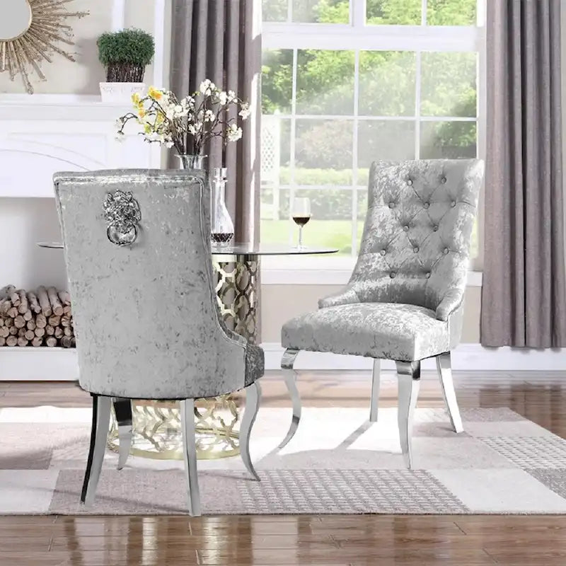 Silver Ice Velvet High Wingback Dining Chair Button Tufted Lion Ring Chrome Legs