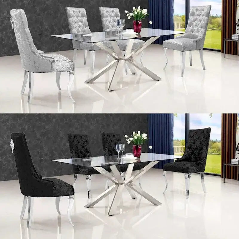 Silver Ice Velvet High Wingback Dining Chair Button Tufted Lion Ring Chrome Legs