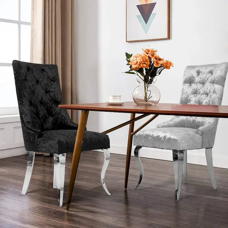 Silver Ice Velvet High Wingback Dining Chair Button Tufted Lion Ring Chrome Legs