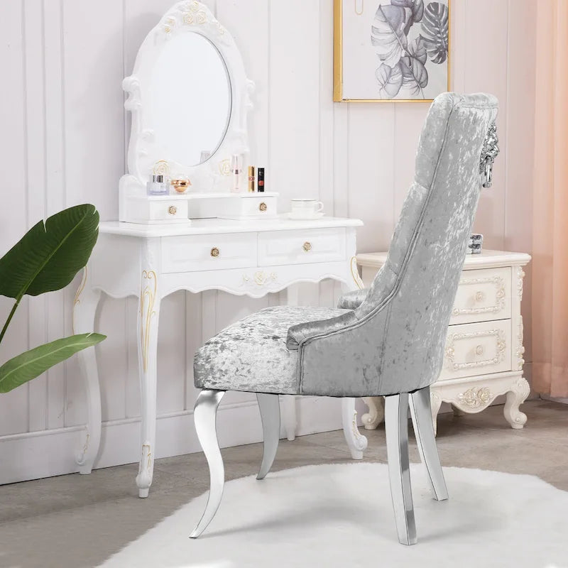 Silver Ice Velvet High Wingback Dining Chair Button Tufted Lion Ring Chrome Legs