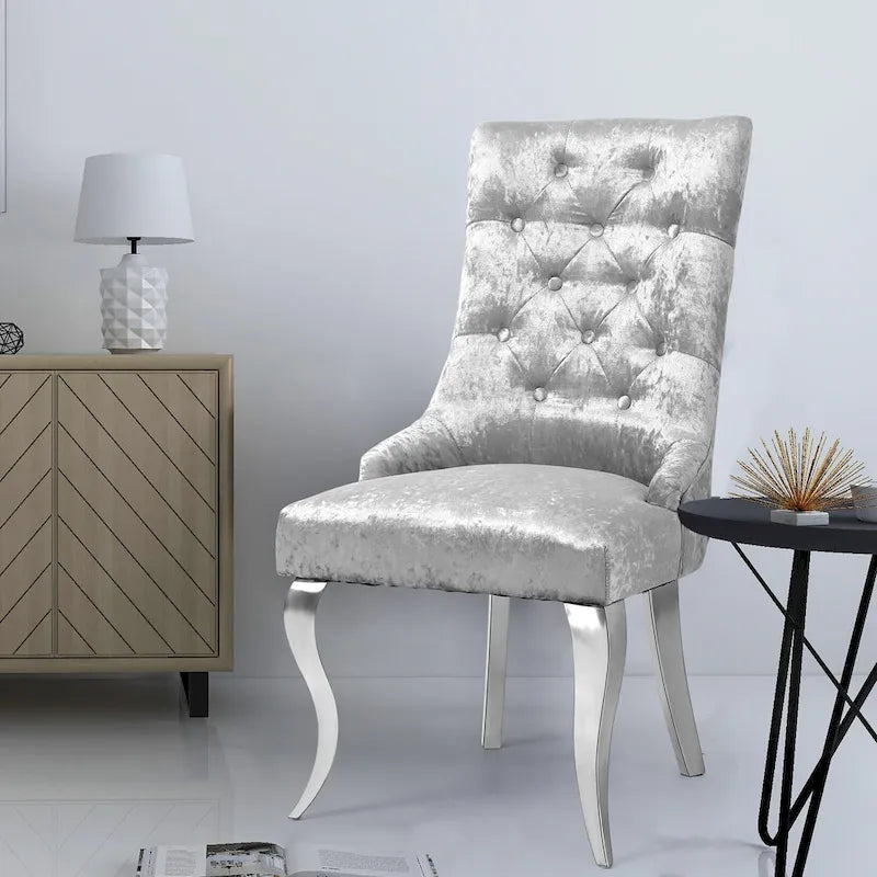 Silver Ice Velvet High Wingback Dining Chair Button Tufted Lion Ring Chrome Legs