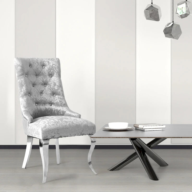 Silver Ice Velvet High Wingback Dining Chair Button Tufted Lion Ring Chrome Legs