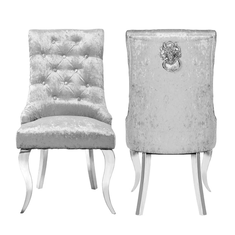 Silver Ice Velvet High Wingback Dining Chair Button Tufted Lion Ring Chrome Legs