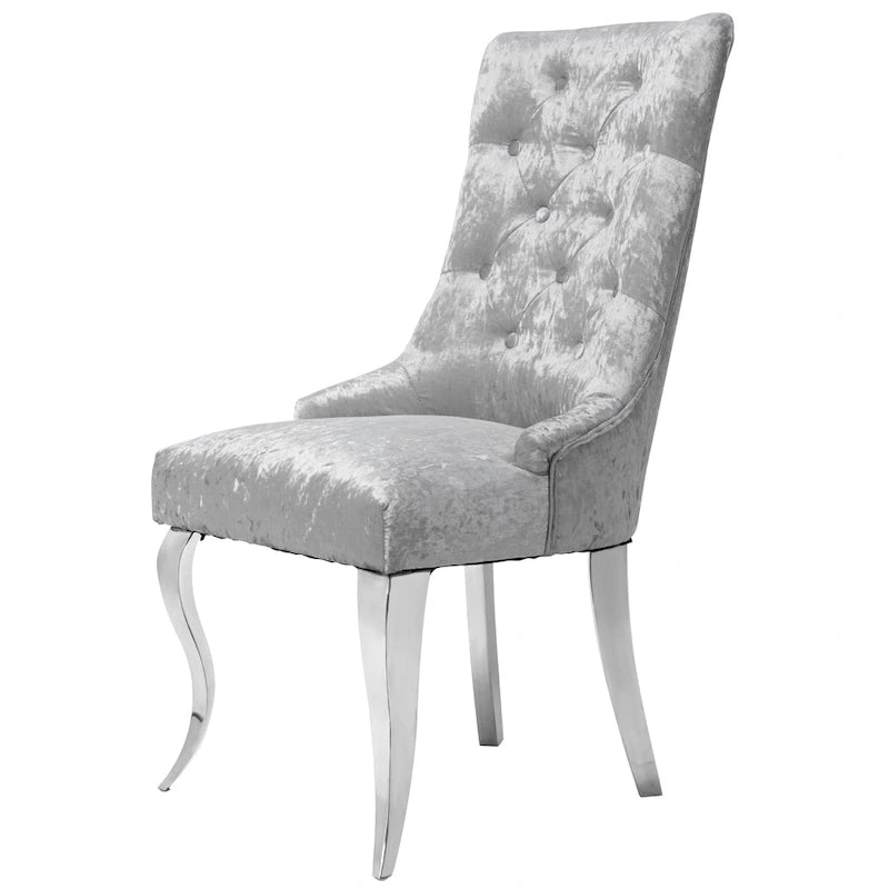 Silver Ice Velvet High Wingback Dining Chair Button Tufted Lion Ring Chrome Legs