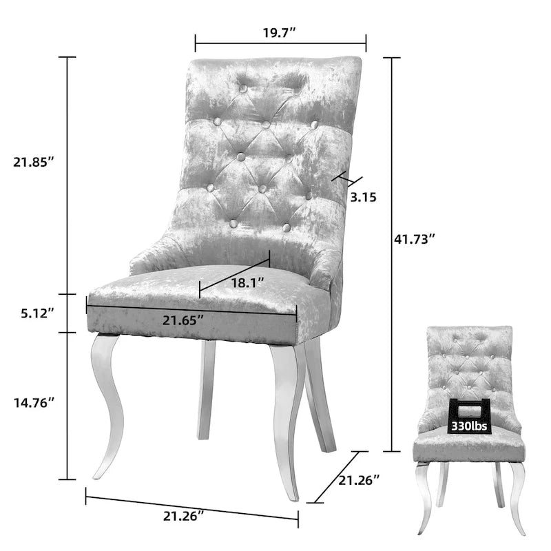 Silver Ice Velvet High Wingback Dining Chair Button Tufted Lion Ring Chrome Legs