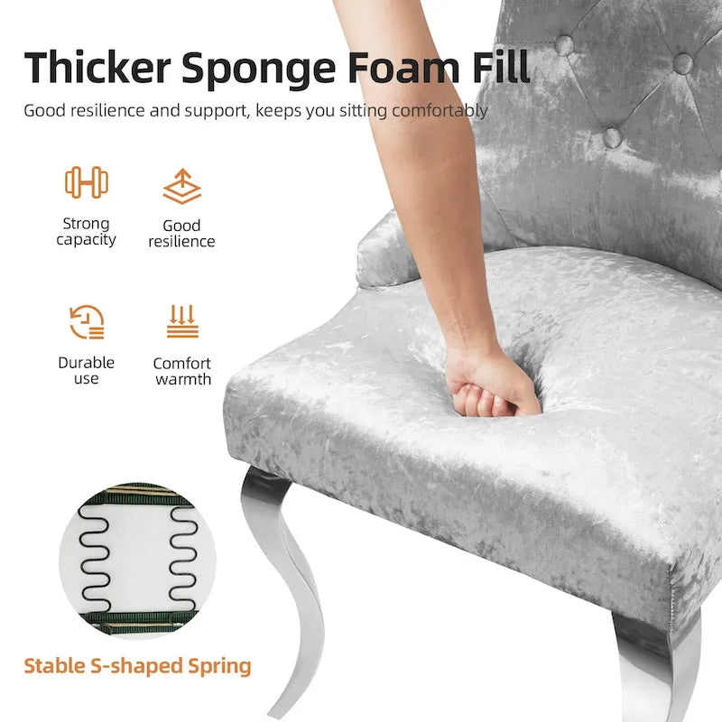 Silver Ice Velvet High Wingback Dining Chair Button Tufted Lion Ring Chrome Legs
