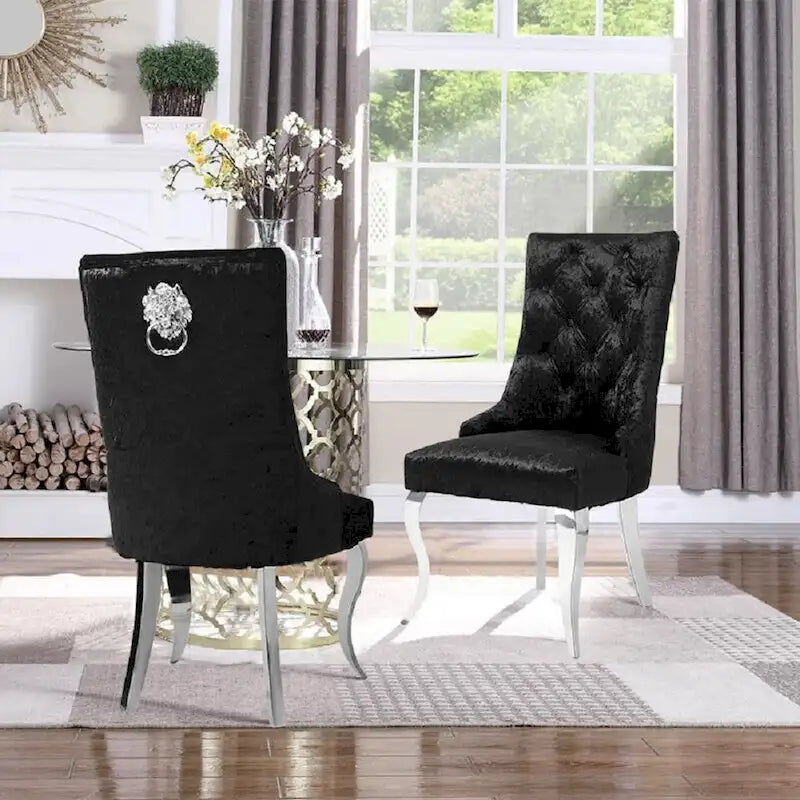 Silver Ice Velvet High Wingback Dining Chair Button Tufted Lion Ring Chrome Legs