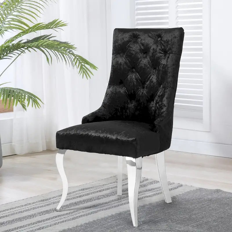 Silver Ice Velvet High Wingback Dining Chair Button Tufted Lion Ring Chrome Legs