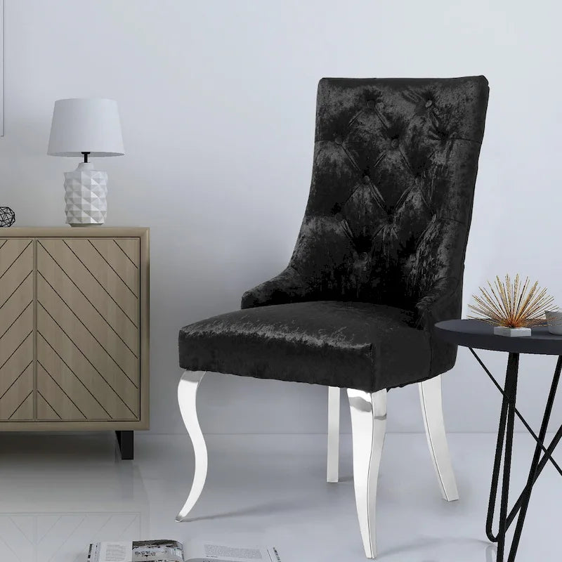 Silver Ice Velvet High Wingback Dining Chair Button Tufted Lion Ring Chrome Legs