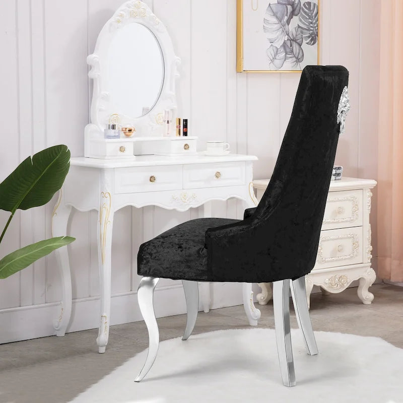 Silver Ice Velvet High Wingback Dining Chair Button Tufted Lion Ring Chrome Legs