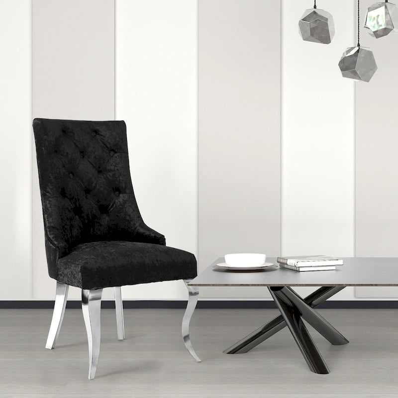 Silver Ice Velvet High Wingback Dining Chair Button Tufted Lion Ring Chrome Legs