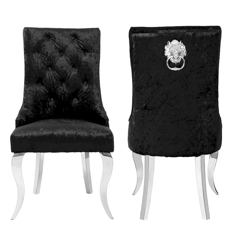 Silver Ice Velvet High Wingback Dining Chair Button Tufted Lion Ring Chrome Legs